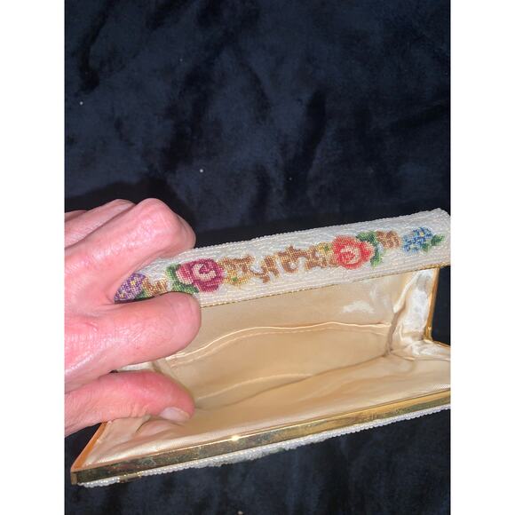 VINTAGE 50's 60's Glass BEADED PETIT POINT BAG PURSE COTTAGECORE - Picture 4 of 10